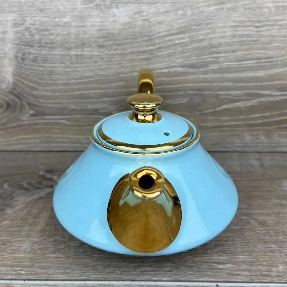 Pearl China Co Robins Egg Blue 22 kt Gold Trim Vtg Swirl Aladdin Decor Teapot